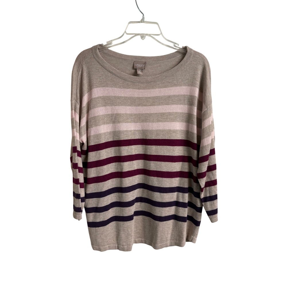 Chicos Womens Size 2 L Striped Cashmere Blend Scoop Neck 3/4 Sleeve Sweater